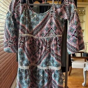 Patterned Midi Dress with Blue and Pink Accents